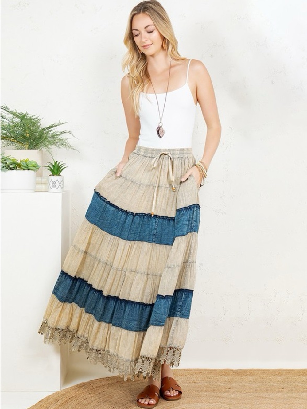 Boho Tiered Maxi Skirt in Beige and Denim Blue